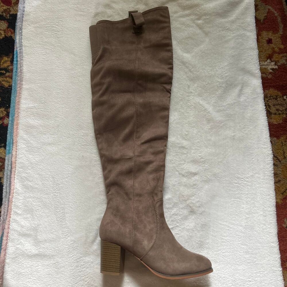 Nature Breeze Goliath Taupe Tan suede over the knee high boots block women's 8.5